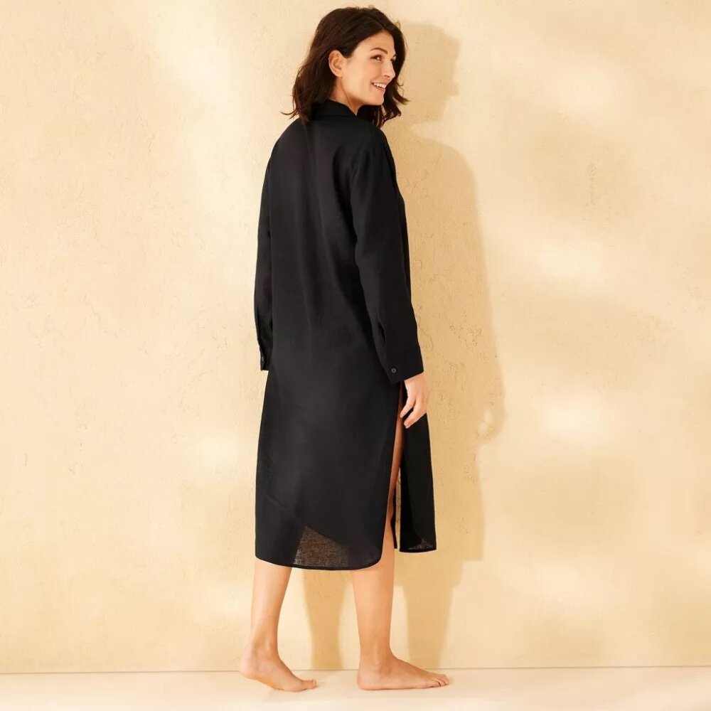 NWT Women's Linen Long Cover Up Shirtdress - Shade & Shore™ Black Sz M - Picture 2 of 5